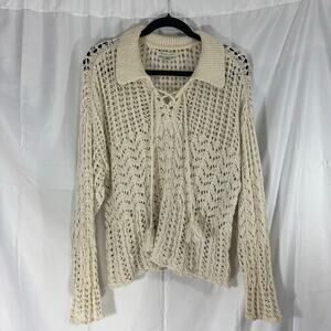 American Eagle Crochet Polo Sweater M Boho Tassel Tie Open Knit Beachy Layer